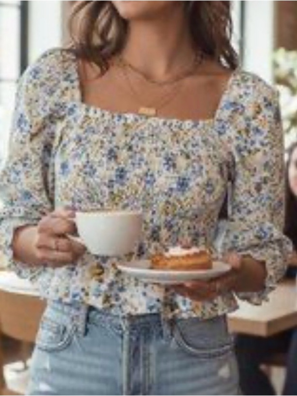 En Saison Blue Floral Smocked Long Sleeve Blouse Romantic Cottagecore Top - XS